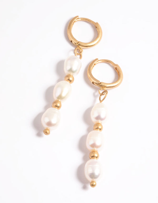 Worn Gold Freshwater Pearl Drop Huggie Earrings