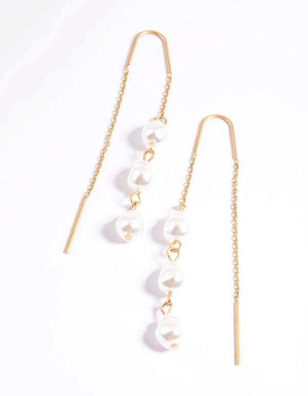 Worn Gold Three Pearl Threader Earrings
