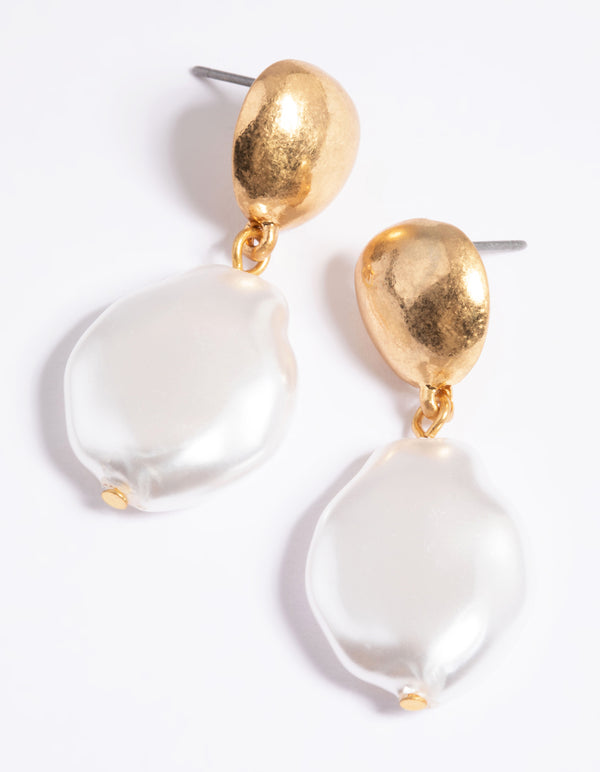 Worn Gold Dome Pearl Drop Earrings