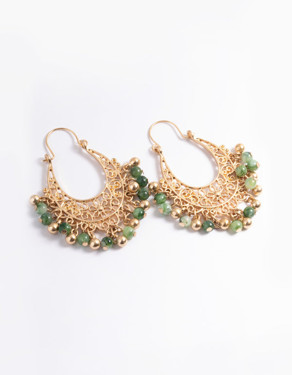 Worn Gold Green Beaded Chandbali Earrings