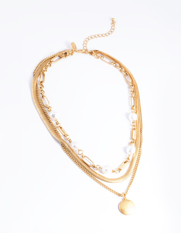 Worn Gold Mix Chain & Pearl Layer Necklace