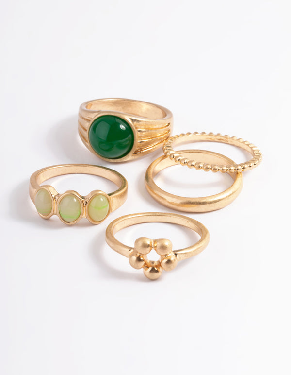 Worn Gold Multi Green Statement Ring Pack