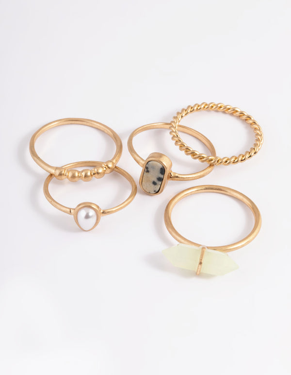 Worn Gold Mixed Green & Pearl Ring Pack