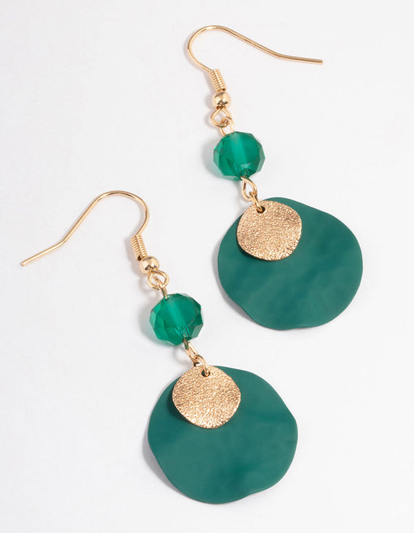 Green Bead & Double Disc Drape Earrings
