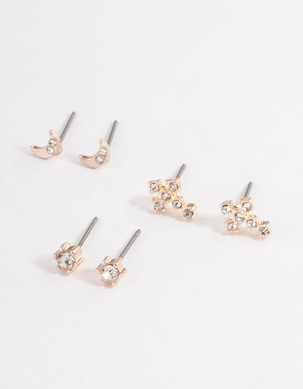 Rose Gold Moon & Cross Stud Earrings
