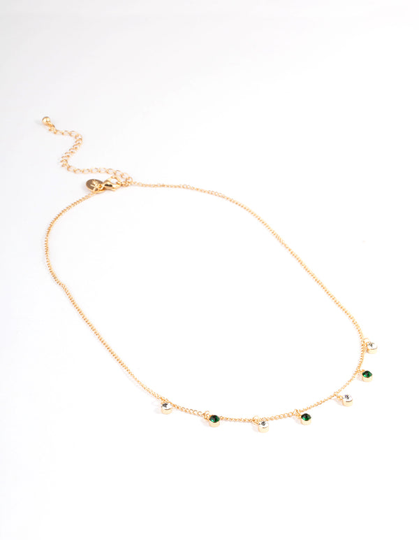 Gold Diamante Green Stone Droplet Necklace