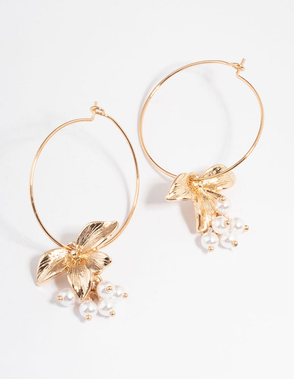 Gold Large Petal & Pearl Hoop Earrings