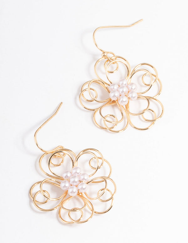 Gold Wire Flower Pearl Drop Earrings