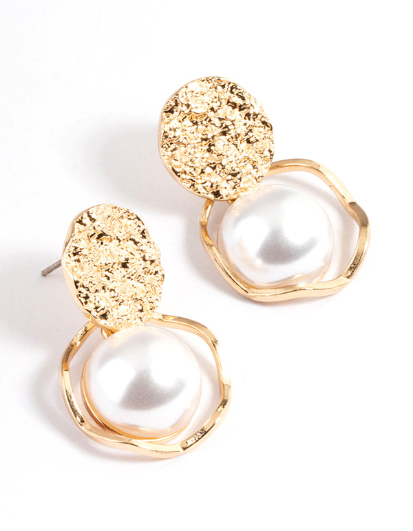 Gold Textured Open Pearl Drop Earrings