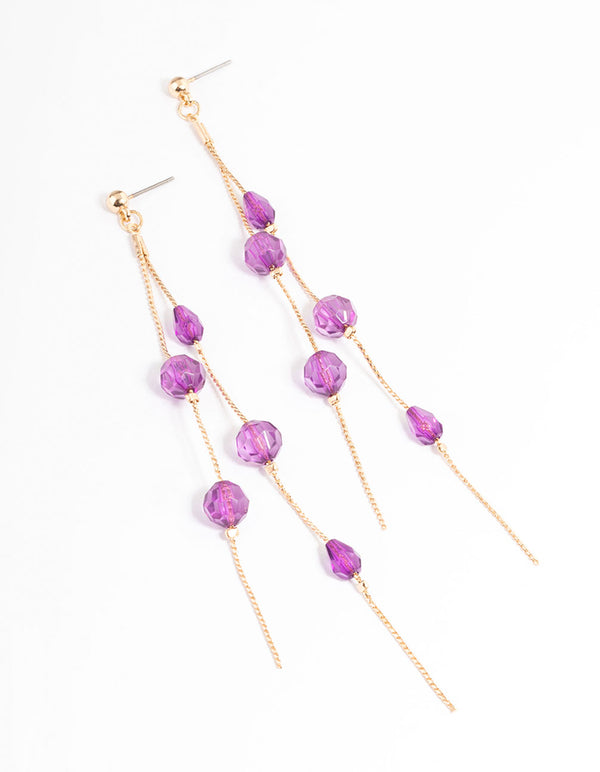 Purple Double String Bead Drop Earrings