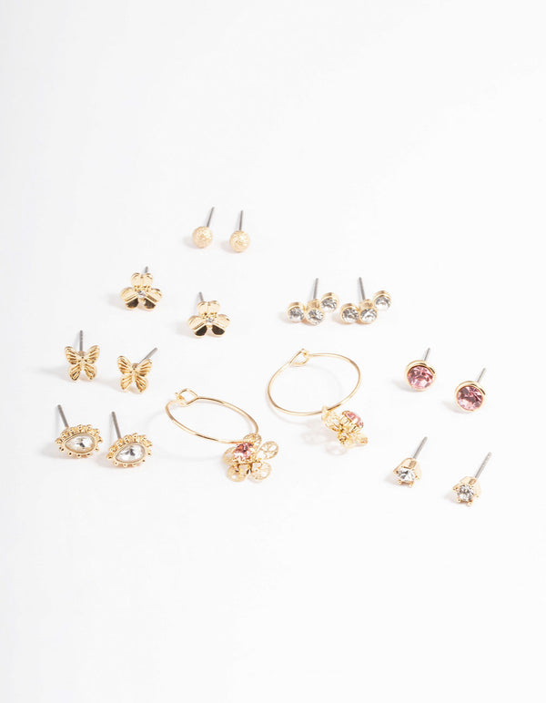 Gold Dainty Diamante Garden Earrings 8-Pack