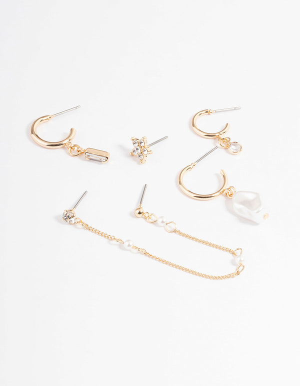 Gold Pearl & Diamante Flower Stack Earrings