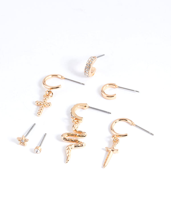 Gold Snake & Cross Stack Earrings