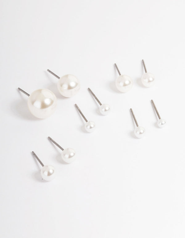 Rhodium Classic Pearl Stud Stack Earrings