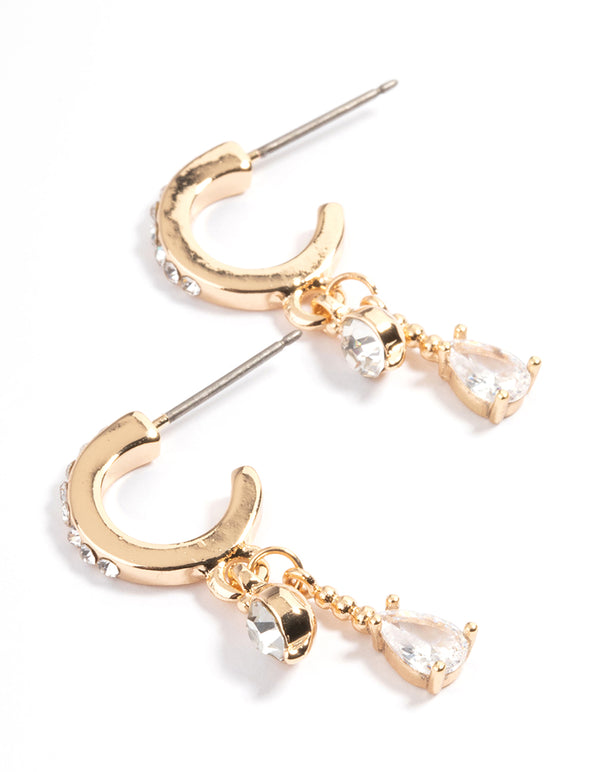 Gold Diamante Two Drop Mini Hoop Earrings