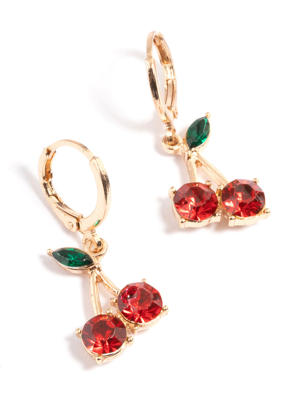 Gold Diamante Cherry Medium Huggie Earrings