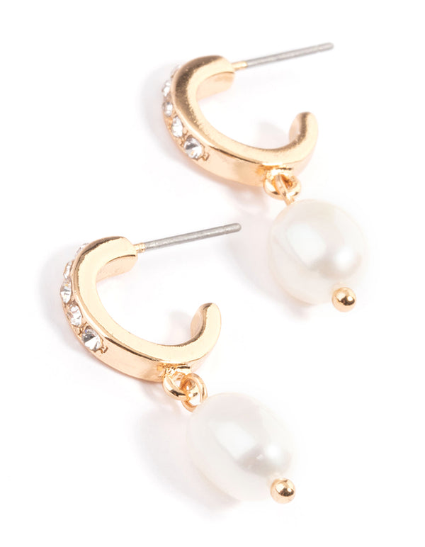 Gold Diamante & Freshwater Pearl Drop Huggie Earrings