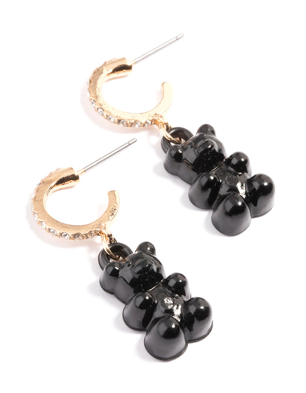 Gold Diamante Black Lolly Bear Earrings
