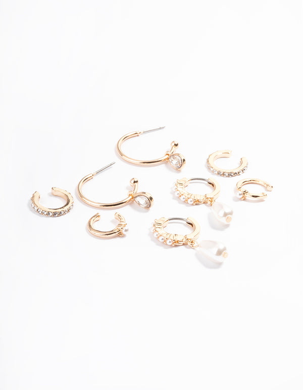 Gold Pearl Diamante Cuff & Hoop Earring Pack