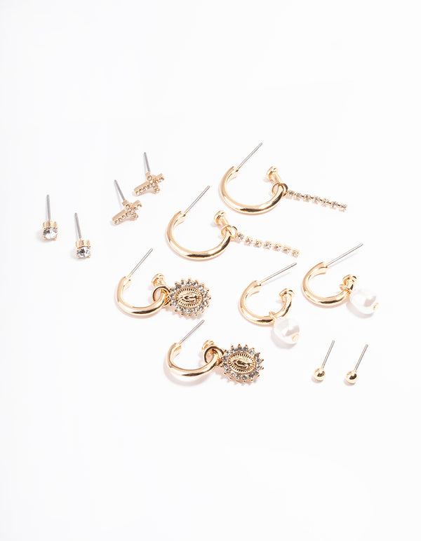 Gold Diamante Cross Mixed Stud & Earring Pack