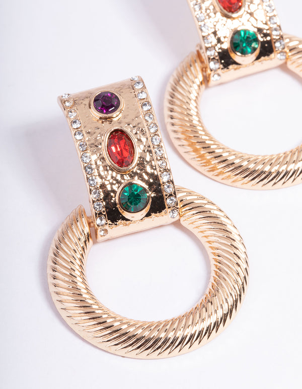 Gold Gem Door Knocker Earrings