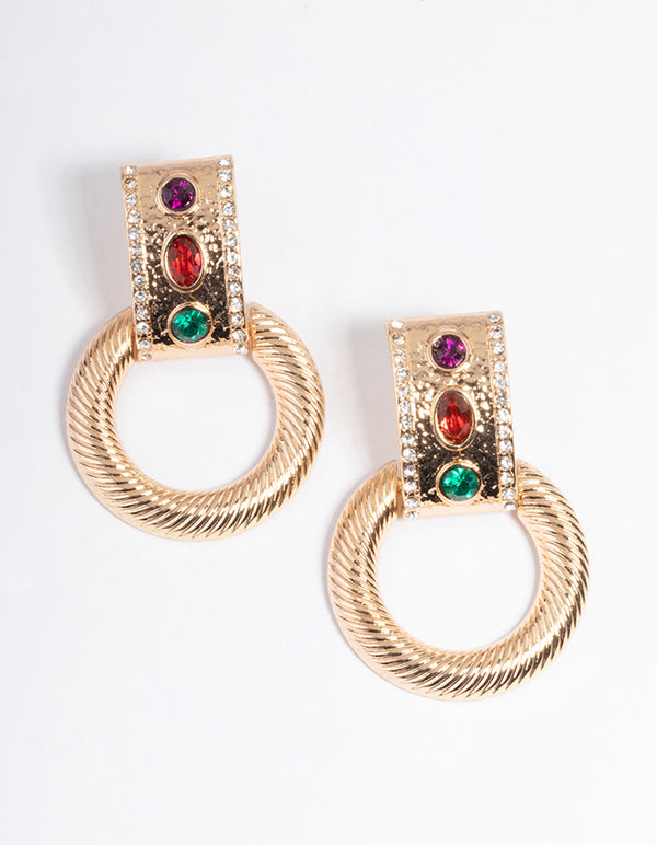 Gold Gem Door Knocker Earrings