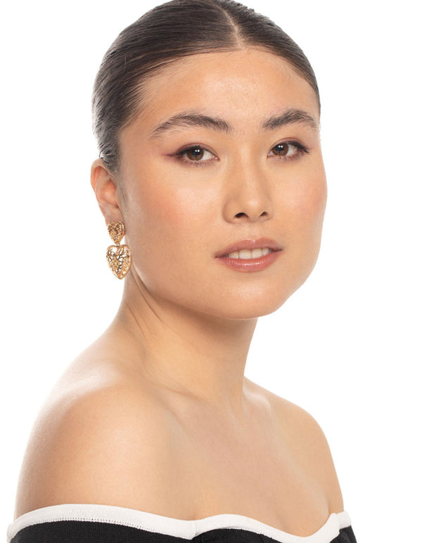 Gold Double Heart Drop Earrings