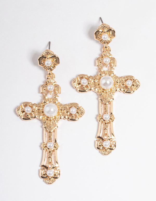 Gold Mini Pearl Cross Earrings