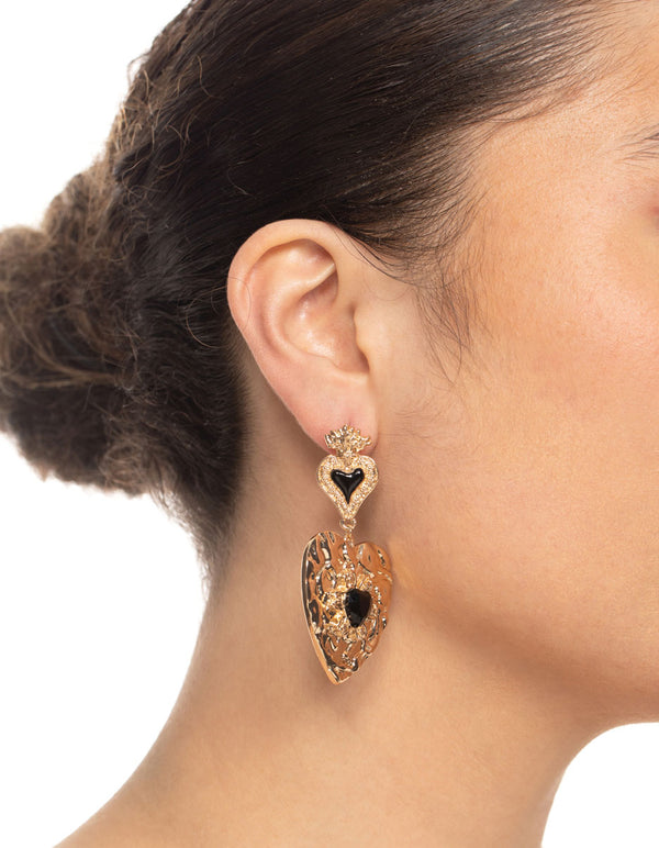 Gold Duo Heart Stamped Gem Earrings