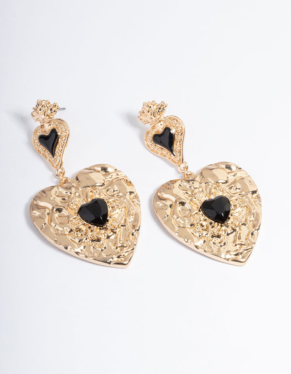 Gold Duo Heart Stamped Gem Earrings