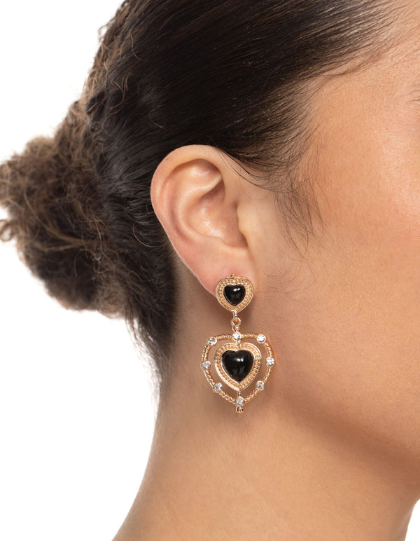Gold Double Heart Drop Earrings