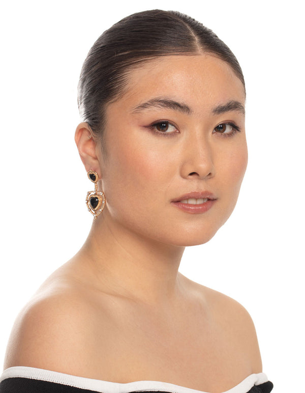 Gold Double Heart Drop Earrings