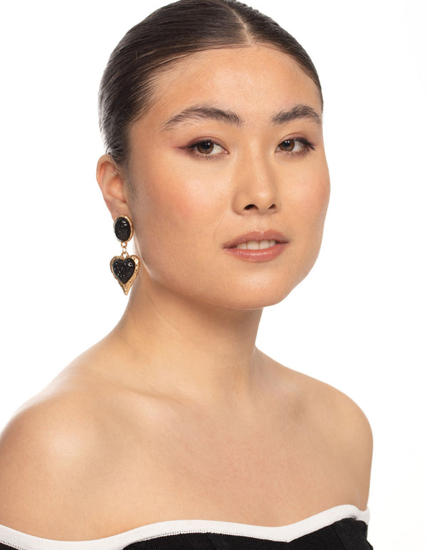 Gold Gem Heart Drop Earrings