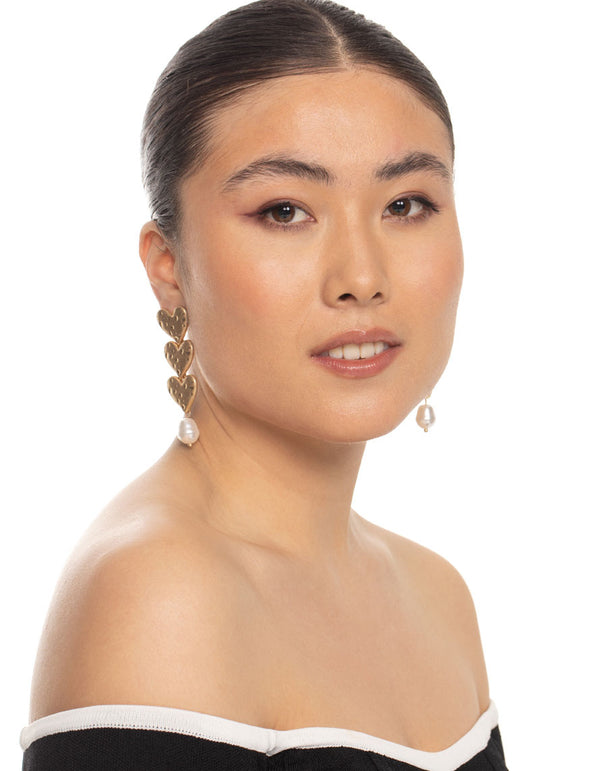 Gold Trio Heart Pearl Drop Earrings