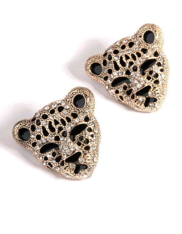 Gold Leopard Diamante Stud Earrings
