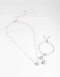 Diamond Simulant Rhodium Square Halo Jewellery Set - link has visual effect only