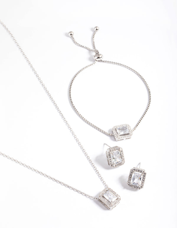 Diamond Simulant Rhodium Square Halo Jewellery Set