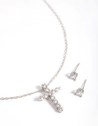 Rhodium Diamond Simulant Stud & Cross Necklace Set - link has visual effect only