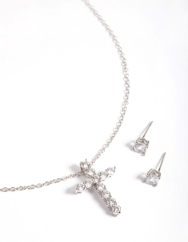 Rhodium Diamond Simulant Stud & Cross Necklace Set