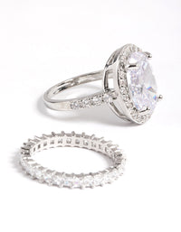 Diamond Simulant Rhodium Large Oval Halo Ring Pack - link has visual effect only