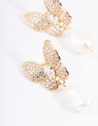Gold Plated Cubic Zirconia Butterfly Freshwater Pearl Drop Earrings - link has visual effect only