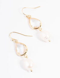 Gold Plated Clear & Freshwater Pearl Drop Earrings - link has visual effect only
