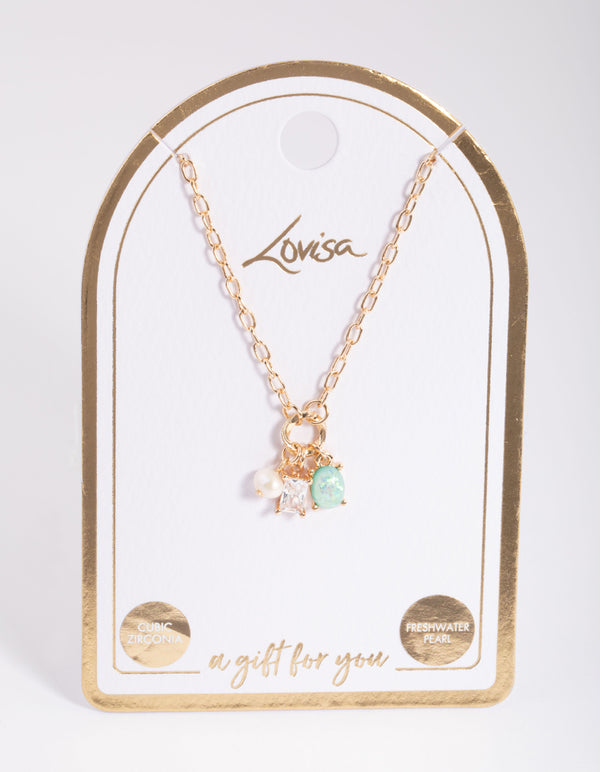 Gold Freshwater Pearl & Diamante Cluster Pendant Necklace