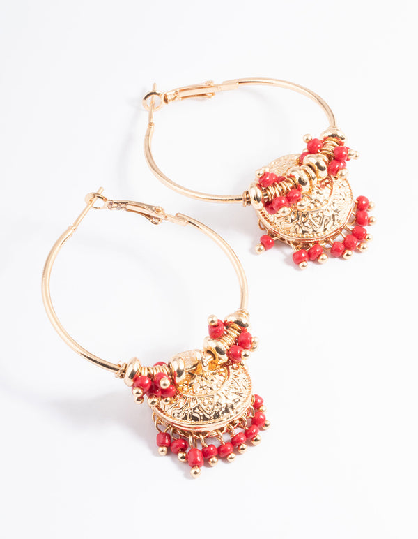 Red Beaded Gold Jhumka Bell Hoop Earrings