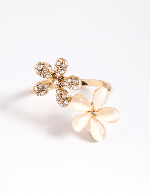 Gold Diamante & Cateye Flower Ring