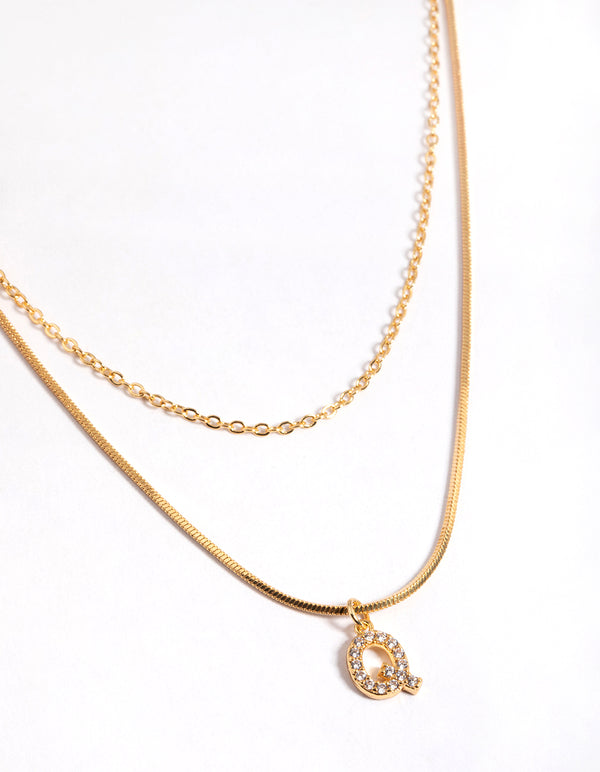 Letter Q Gold Plated Layered Diamante Initial Necklace