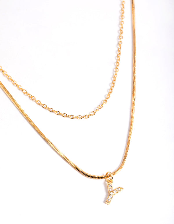 Letter Y Gold Plated Layered Initial Diamante Necklace