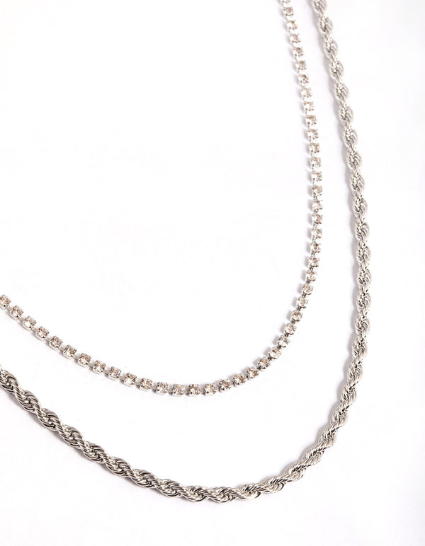 Rhodium Double Row Mixed Twist Cupchain Necklace