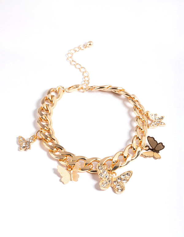 Gold Mixed Diamante Butterfly Charm Bracelet