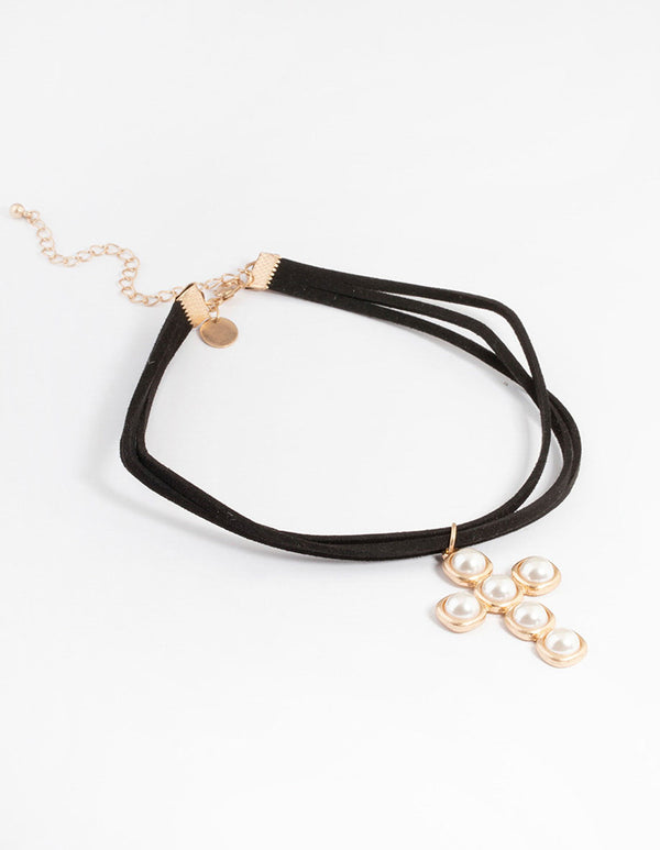 Worn Gold Pearl Cross Choker